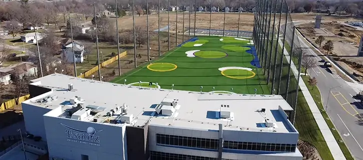 Drone shot of artificial grass driving range from SYNLawn